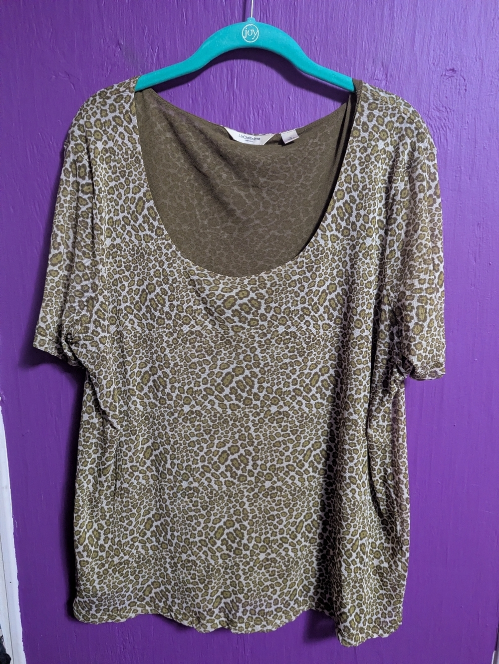 💜 Liz Claiborne Green Nylon Leopard Print Mesh Lined Short Sleeve Blouse